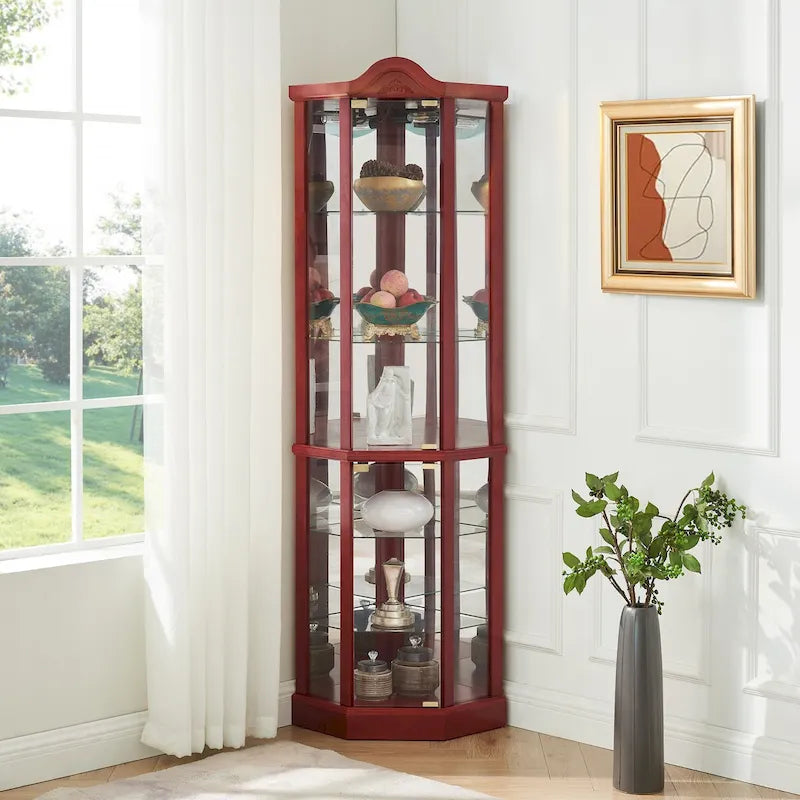 Vitrine d'angle éclairée en verre, avec meuble bar lumineux, cave à vin avec étagères en verre réglables et décorations sculptées