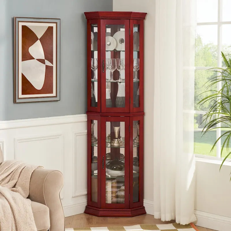Vitrine d'angle éclairée, étagère en verre, barre de rayonnage avec porte en verre trempé, avec étagères de meuble réglables et ampoule à perle