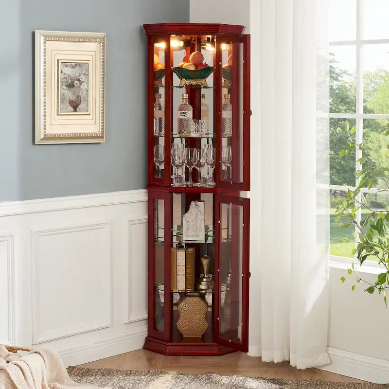 Vitrine d'angle éclairée, étagère en verre, barre de rayonnage avec porte en verre trempé, avec étagères de meuble réglables et ampoule à perle