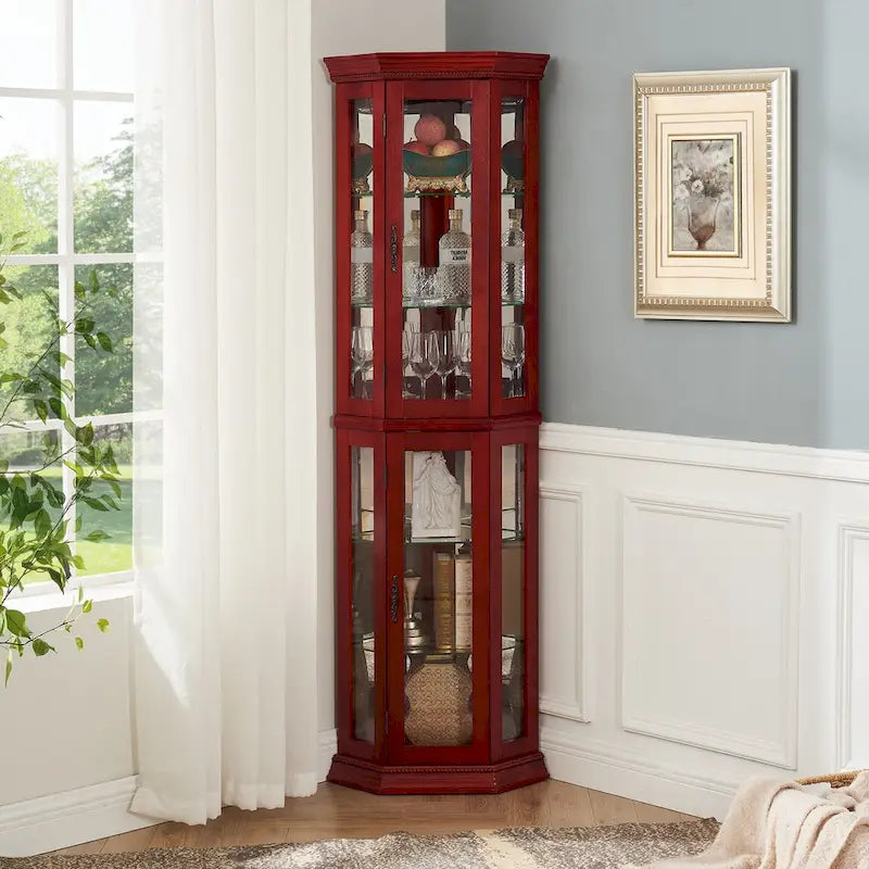 Vitrine d'angle éclairée, étagère en verre, barre de rayonnage avec porte en verre trempé, avec étagères de meuble réglables et ampoule à perle