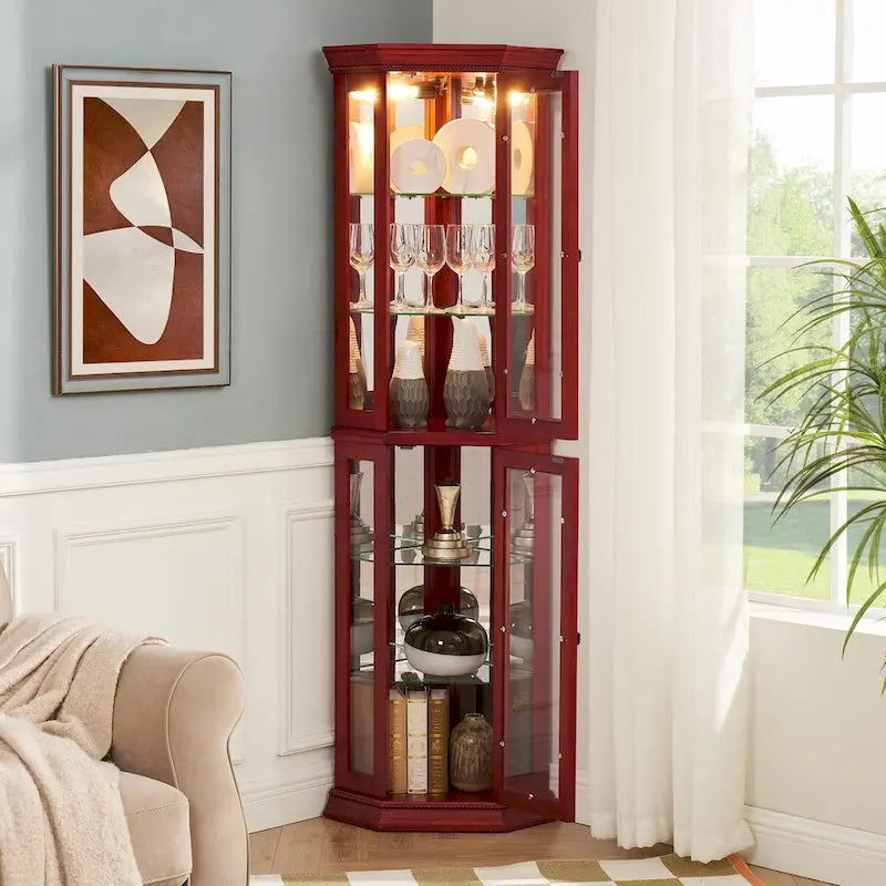 Vitrine d'angle éclairée, étagère en verre, barre de rayonnage avec porte en verre trempé, avec étagères de meuble réglables et ampoule à perle