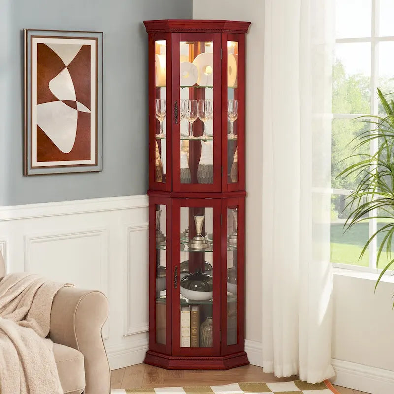 Vitrine d'angle éclairée, étagère en verre, barre de rayonnage avec porte en verre trempé, avec étagères de meuble réglables et ampoule à perle