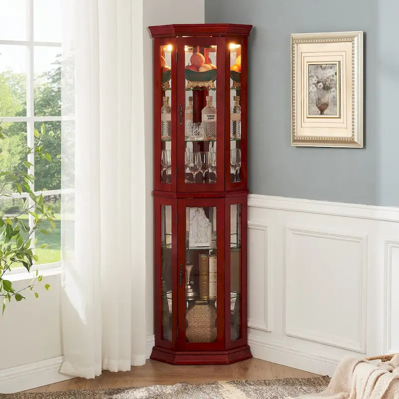 Vitrine d'angle éclairée, étagère en verre, barre de rayonnage avec porte en verre trempé, avec étagères de meuble réglables et ampoule à perle