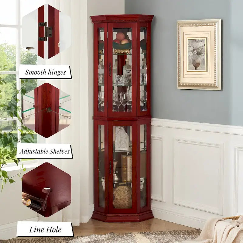 Vitrine d'angle éclairée, étagère en verre, barre de rayonnage avec porte en verre trempé, avec étagères de meuble réglables et ampoule à perle