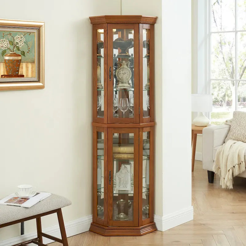 Vitrine d'angle éclairée, étagère en verre, barre de rayonnage avec porte en verre trempé, avec étagères de meuble réglables et ampoule à perle