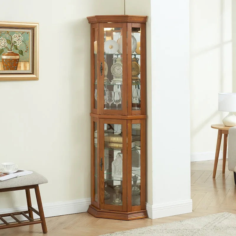 Vitrine d'angle éclairée, étagère en verre, barre de rayonnage avec porte en verre trempé, avec étagères de meuble réglables et ampoule à perle