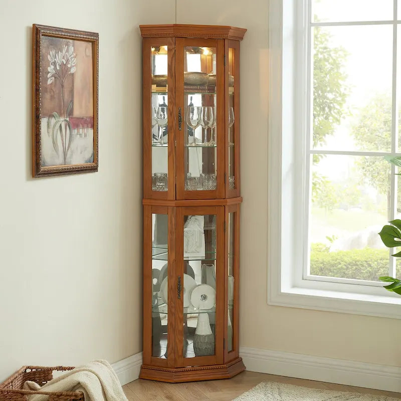 Vitrine d'angle éclairée, étagère en verre, barre de rayonnage avec porte en verre trempé, avec étagères de meuble réglables et ampoule à perle