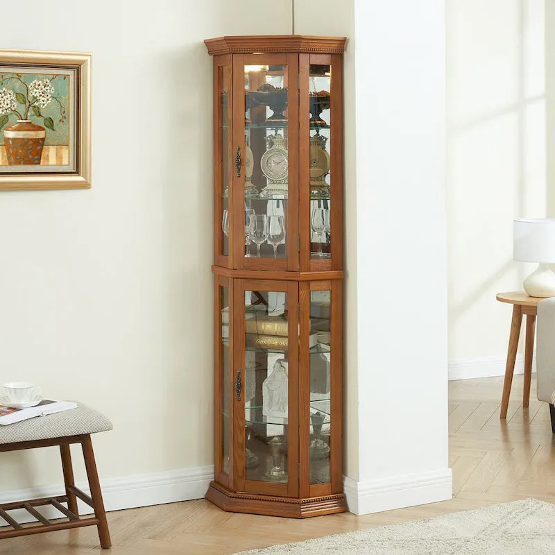 Vitrine d'angle éclairée, étagère en verre, barre de rayonnage avec porte en verre trempé, avec étagères de meuble réglables et ampoule à perle