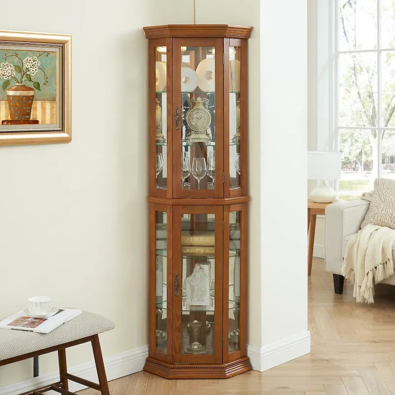 Vitrine d'angle éclairée, étagère en verre, barre de rayonnage avec porte en verre trempé, avec étagères de meuble réglables et ampoule à perle