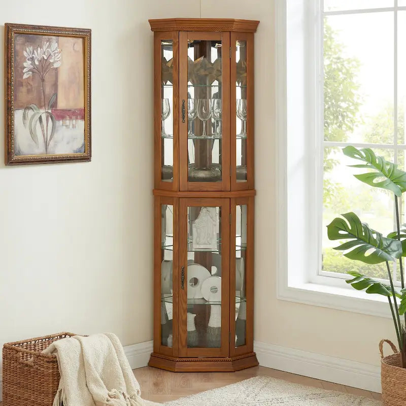 Vitrine d'angle éclairée, étagère en verre, barre de rayonnage avec porte en verre trempé, avec étagères de meuble réglables et ampoule à perle