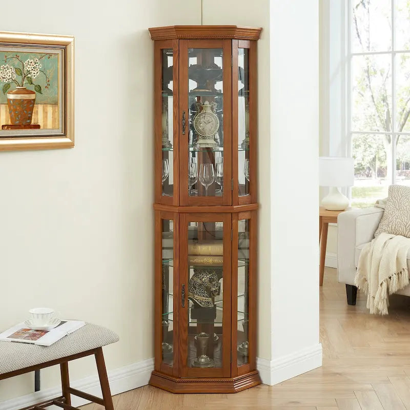 Vitrine d'angle éclairée, étagère en verre, barre de rayonnage avec porte en verre trempé, avec étagères de meuble réglables et ampoule à perle