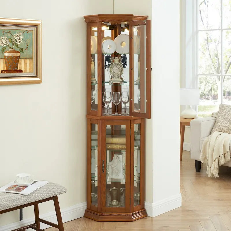 Vitrine d'angle éclairée, étagère en verre, barre de rayonnage avec porte en verre trempé, avec étagères de meuble réglables et ampoule à perle