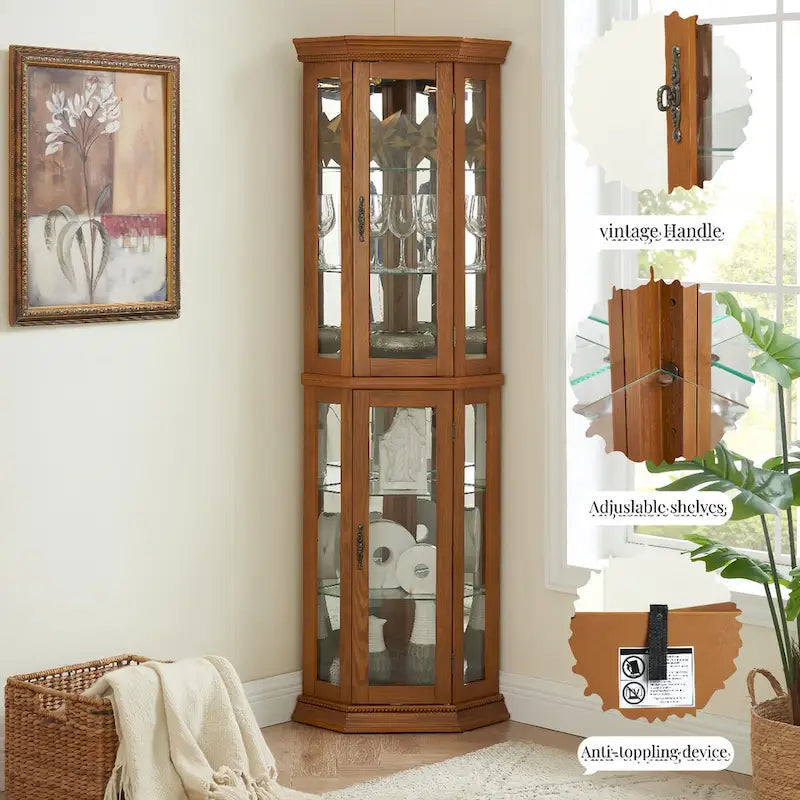 Vitrine d'angle éclairée, étagère en verre, barre de rayonnage avec porte en verre trempé, avec étagères de meuble réglables et ampoule à perle