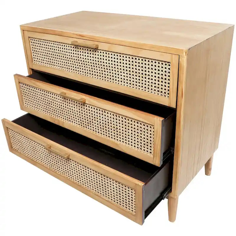 Mini-commode en bois à 3 tiroirs avec façade en rotin et poignées dorées - Marron clair ou noir - Roche River Decor