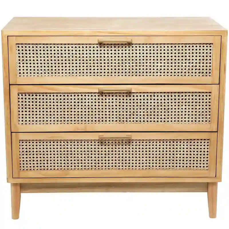 Mini-commode en bois à 3 tiroirs avec façade en rotin et poignées dorées - Marron clair ou noir - Roche River Decor