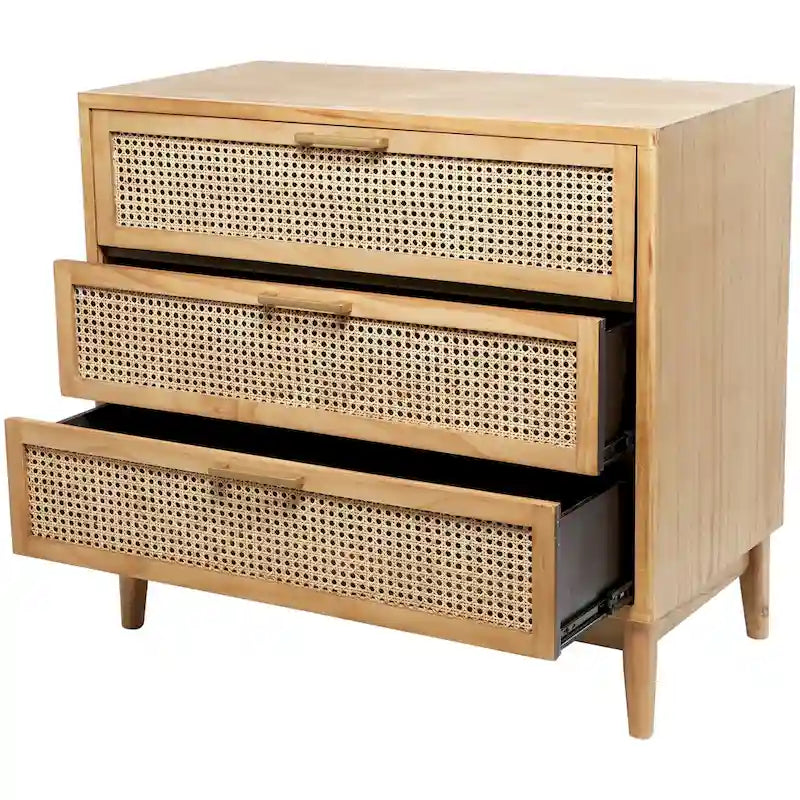 Mini-commode en bois à 3 tiroirs avec façade en rotin et poignées dorées - Marron clair ou noir - Roche River Decor