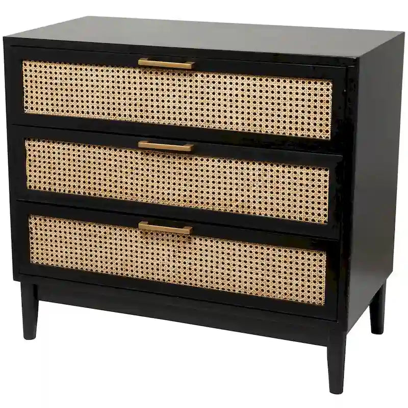 Mini-commode en bois à 3 tiroirs avec façade en rotin et poignées dorées - Marron clair ou noir - Roche River Decor