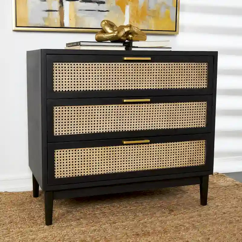 Mini-commode en bois à 3 tiroirs avec façade en rotin et poignées dorées - Marron clair ou noir - Roche River Decor