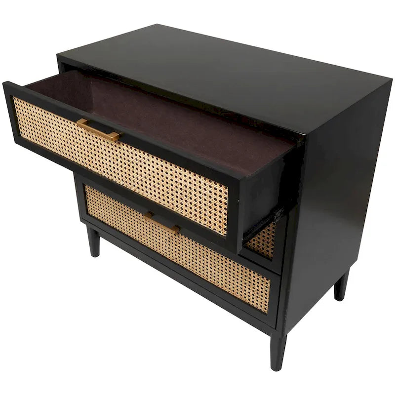 Mini-commode en bois à 3 tiroirs avec façade en rotin et poignées dorées - Marron clair ou noir - Roche River Decor