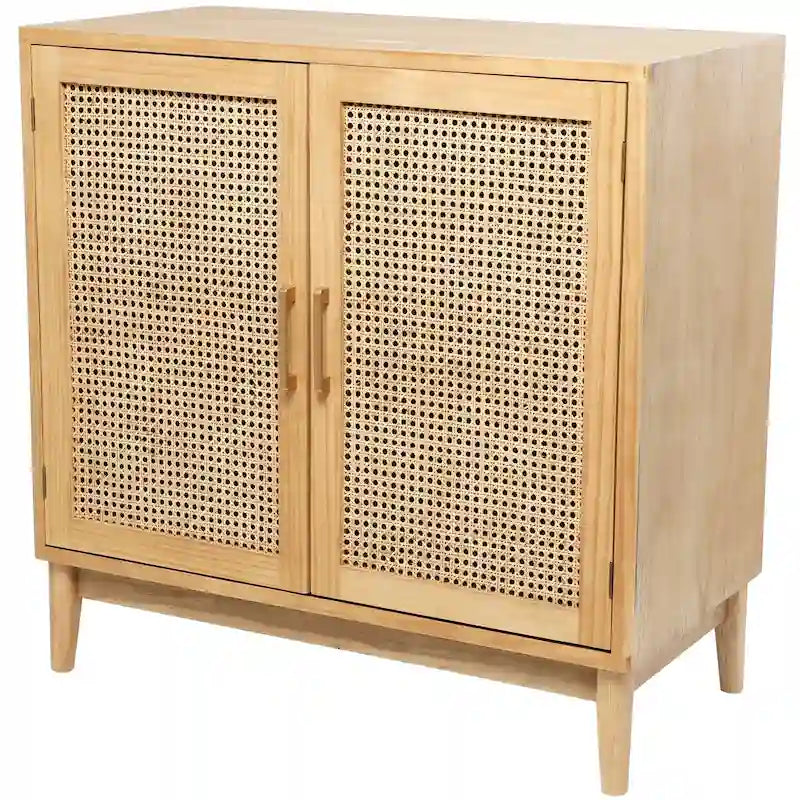 Meuble à 1 étagère et 2 portes en bois avec portes en rotin et poignées dorées - Brun clair ou noir - Roche River Decor