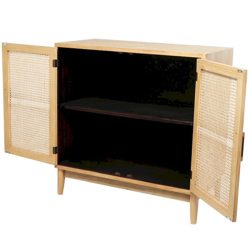 Meuble à 1 étagère et 2 portes en bois avec portes en rotin et poignées dorées - Brun clair ou noir - Roche River Decor