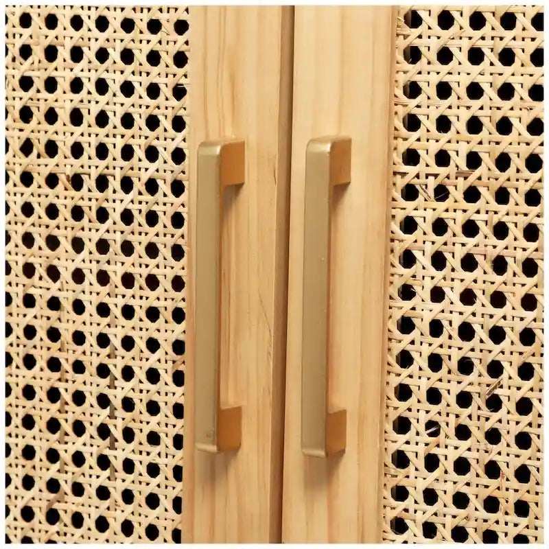 Meuble à 1 étagère et 2 portes en bois avec portes en rotin et poignées dorées - Brun clair ou noir - Roche River Decor