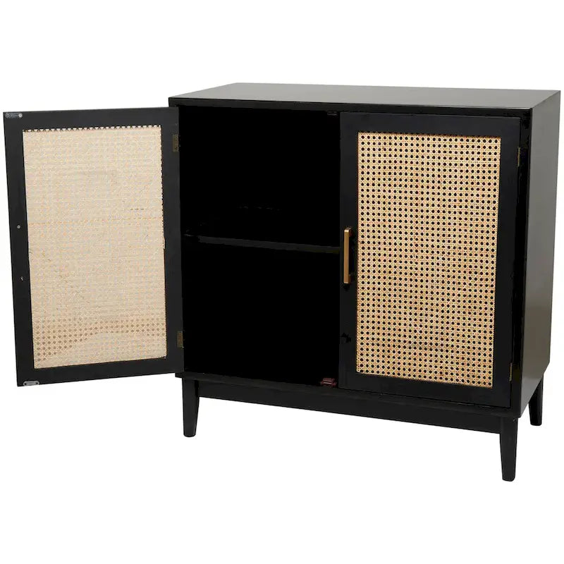 Meuble à 1 étagère et 2 portes en bois avec portes en rotin et poignées dorées - Brun clair ou noir - Roche River Decor