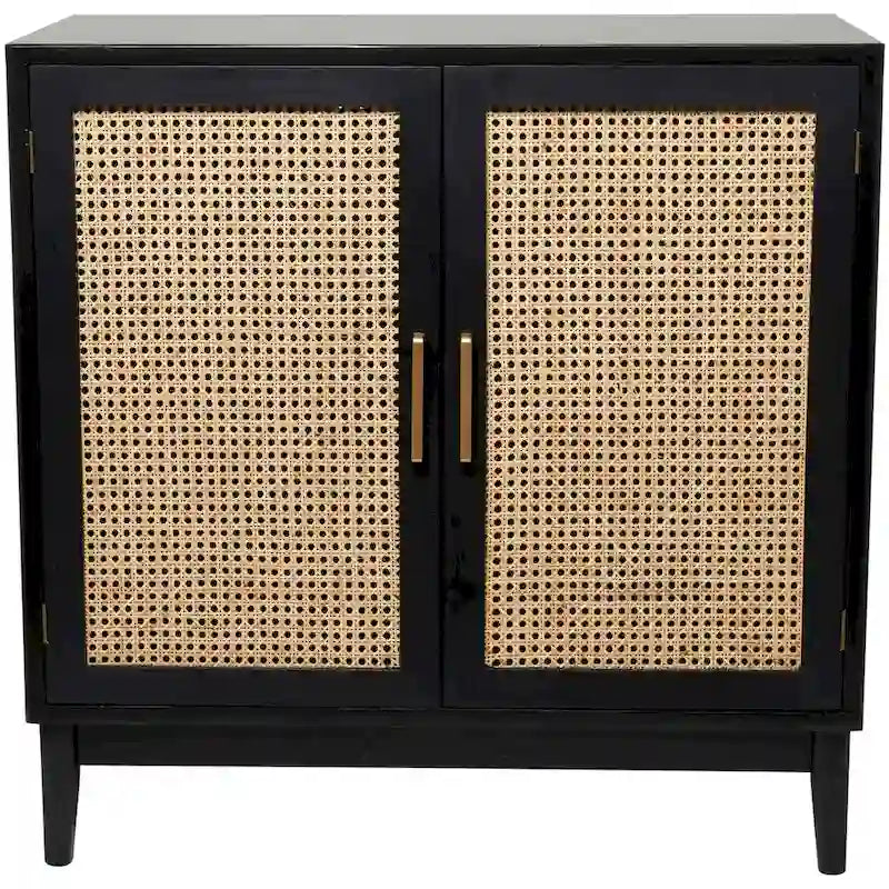 Meuble à 1 étagère et 2 portes en bois avec portes en rotin et poignées dorées - Brun clair ou noir - Roche River Decor