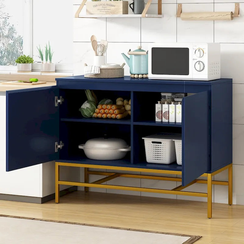 Buffet minimaliste, Meuble de rangement de luxe avec pieds en métal doré et étagères réglables, Console pour salon