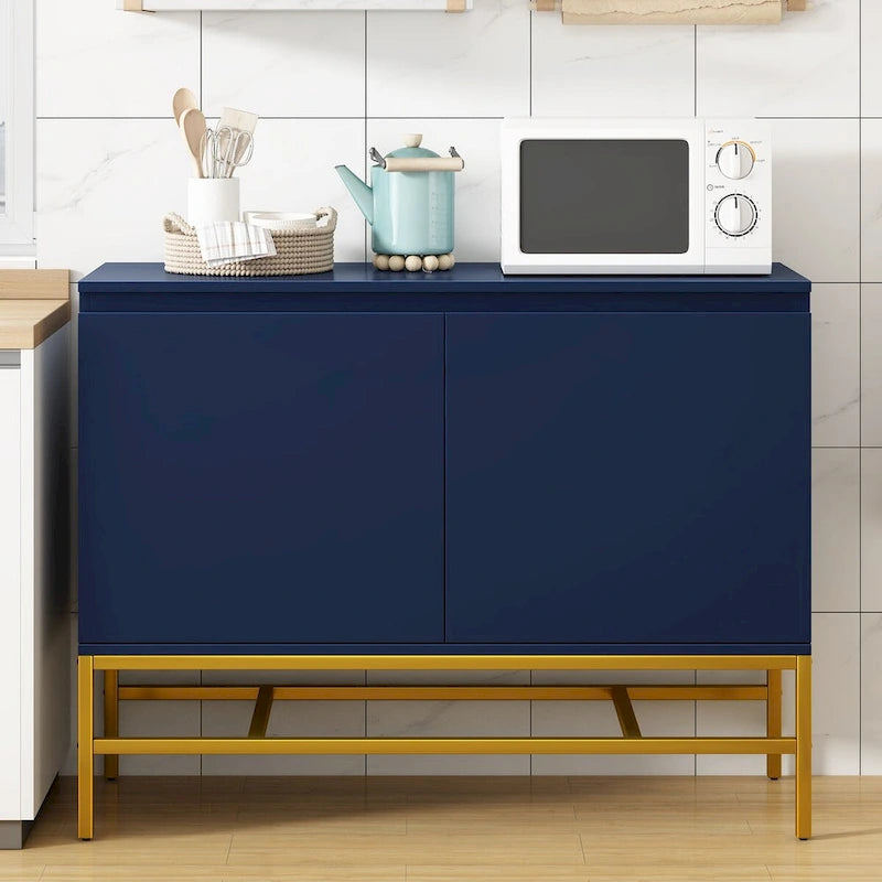 Buffet minimaliste, Meuble de rangement de luxe avec pieds en métal doré et étagères réglables, Console pour salon