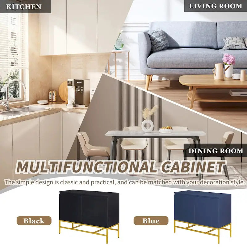 Buffet minimaliste, Meuble de rangement de luxe avec pieds en métal doré et étagères réglables, Console pour salon
