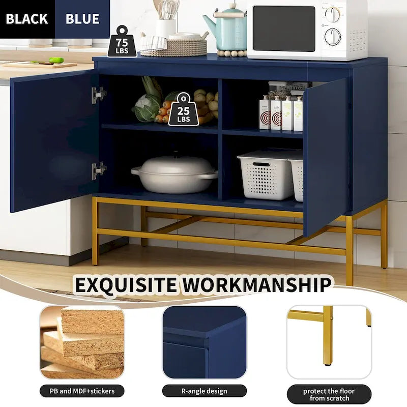 Buffet minimaliste, Meuble de rangement de luxe avec pieds en métal doré et étagères réglables, Console pour salon