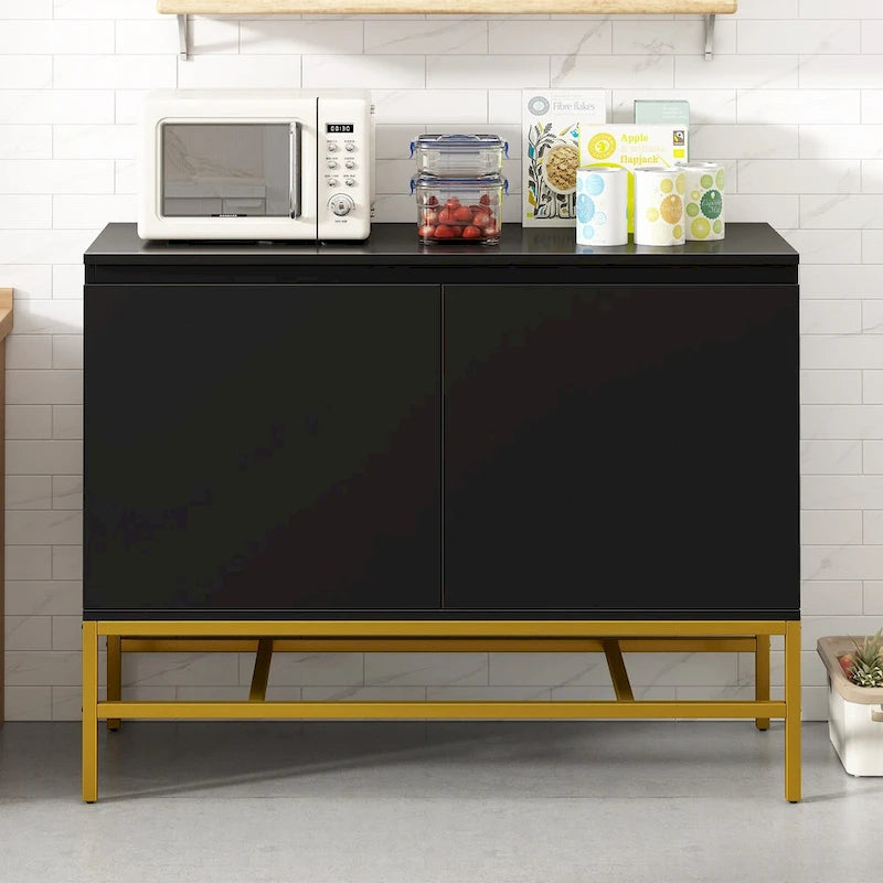 Buffet minimaliste, Meuble de rangement de luxe avec pieds en métal doré et étagères réglables, Console pour salon