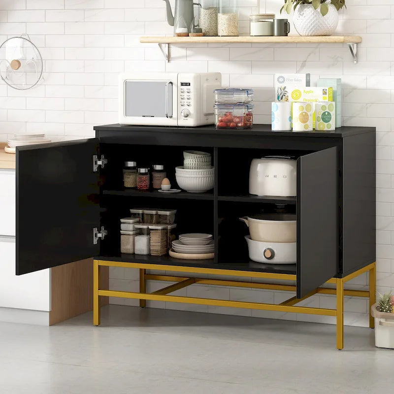 Buffet minimaliste, Meuble de rangement de luxe avec pieds en métal doré et étagères réglables, Console pour salon