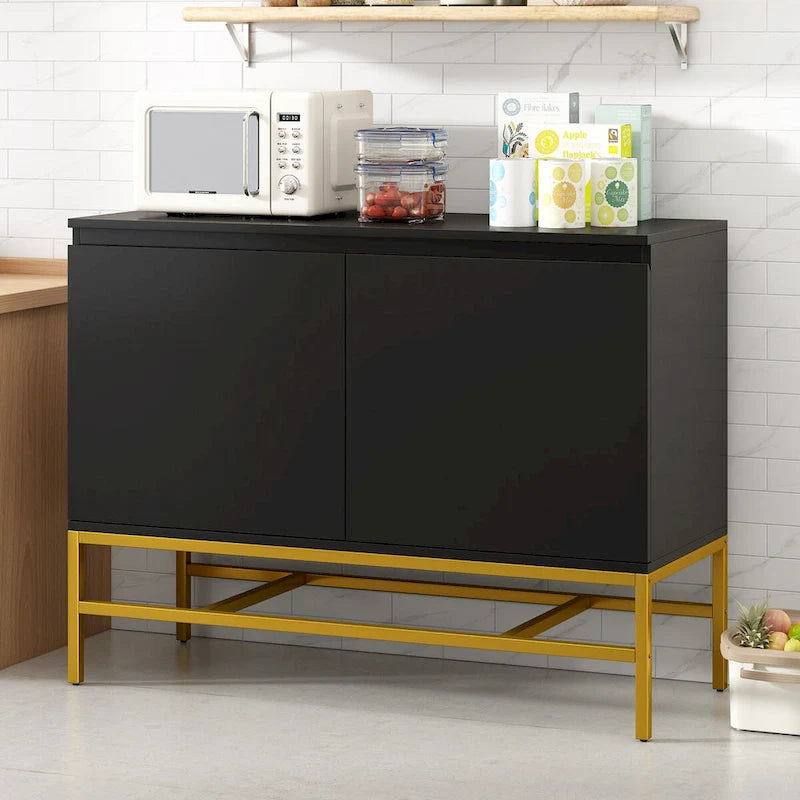 Buffet minimaliste, Meuble de rangement de luxe avec pieds en métal doré et étagères réglables, Console pour salon
