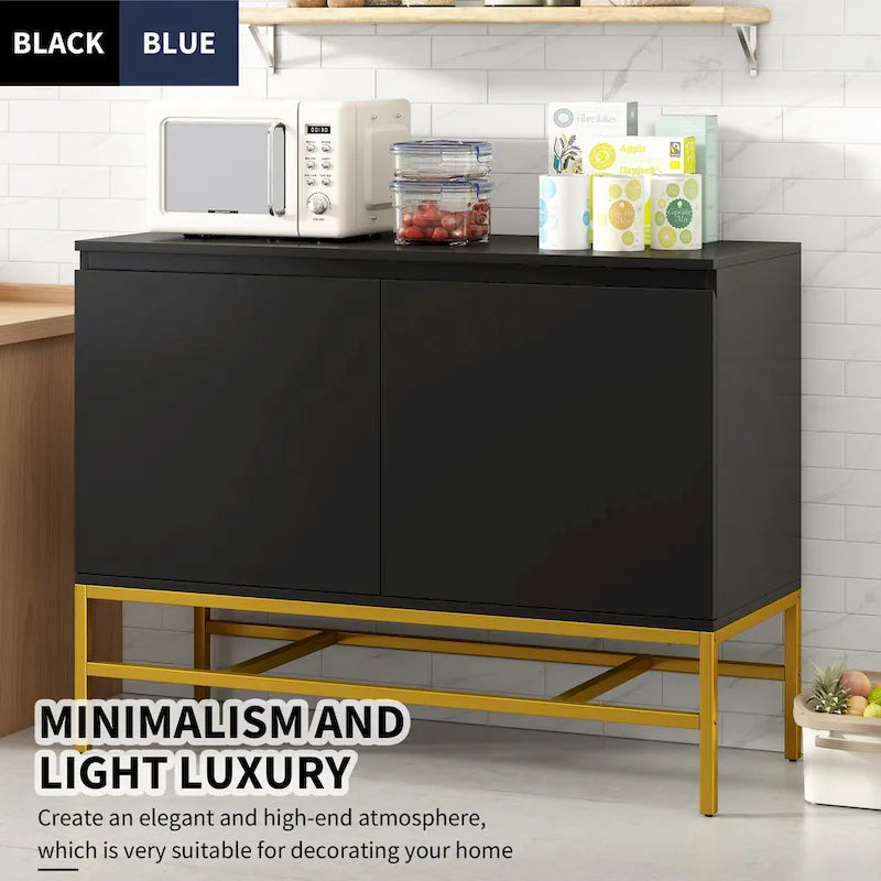 Buffet minimaliste, Meuble de rangement de luxe avec pieds en métal doré et étagères réglables, Console pour salon