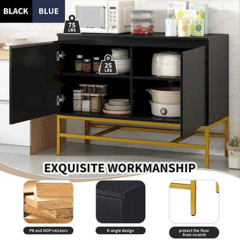 Buffet minimaliste, Meuble de rangement de luxe avec pieds en métal doré et étagères réglables, Console pour salon