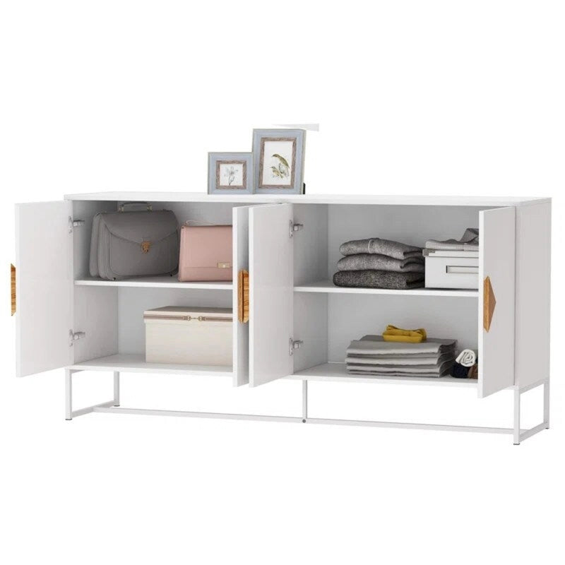 Buffet Blanc 4 Portes Meuble TV Commode Entrée, Armoire de Rangement de Cuisine