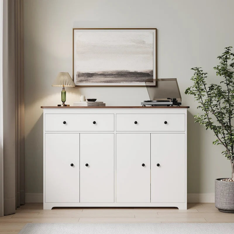 Buffet de rangement moderne avec 2 tiroirs et 4 portes pour salon, salle à manger, cuisine, bar à café, en blanc
