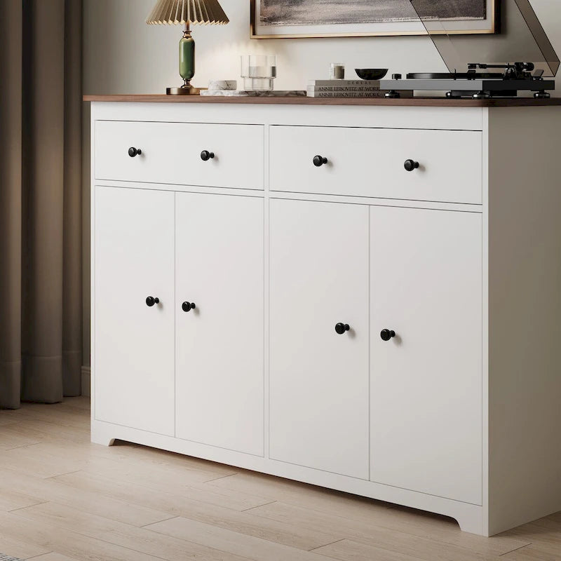 Buffet de rangement moderne avec 2 tiroirs et 4 portes pour salon, salle à manger, cuisine, bar à café, en blanc