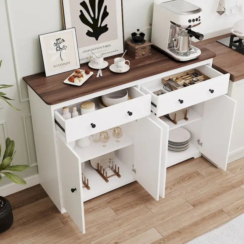 Buffet de rangement moderne avec 2 tiroirs et 4 portes pour salon, salle à manger, cuisine, bar à café, en blanc