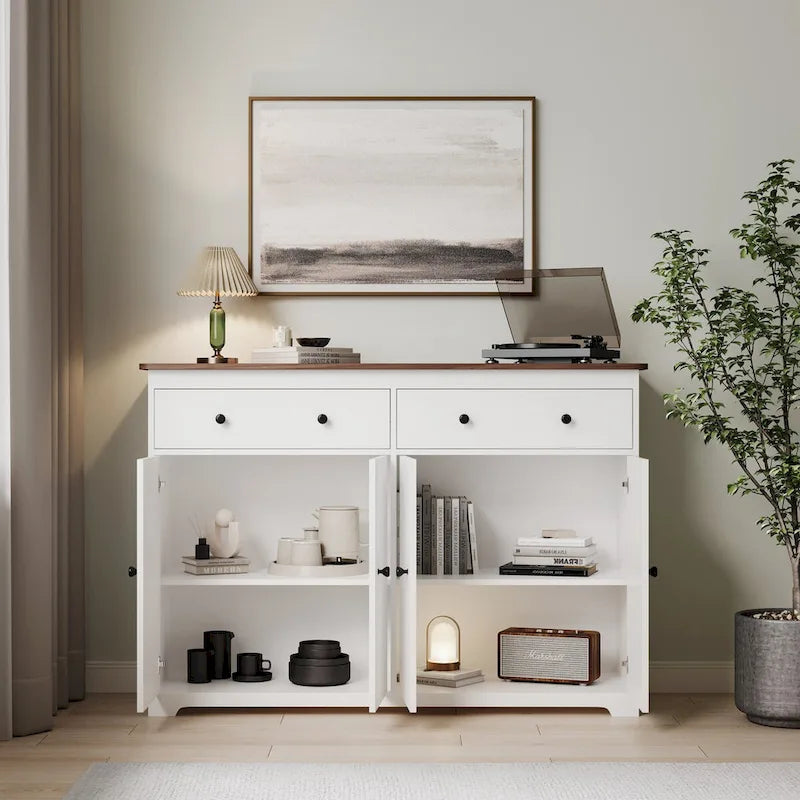 Buffet de rangement moderne avec 2 tiroirs et 4 portes pour salon, salle à manger, cuisine, bar à café, en blanc