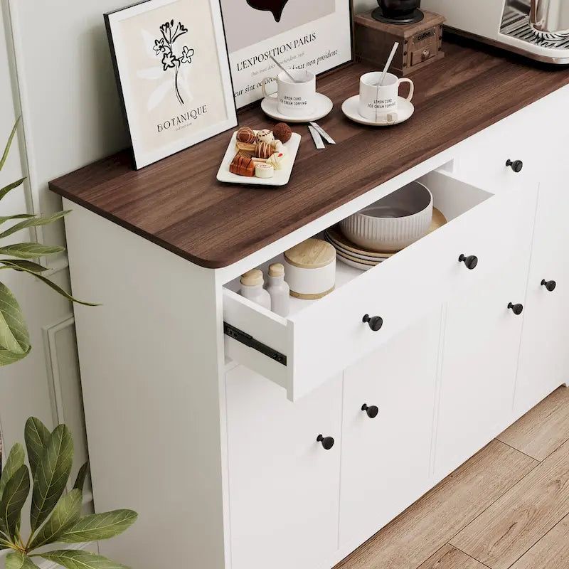 Buffet de rangement moderne avec 2 tiroirs et 4 portes pour salon, salle à manger, cuisine, bar à café, en blanc