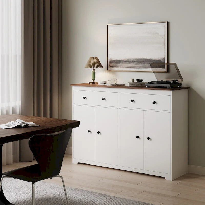 Buffet de rangement moderne avec 2 tiroirs et 4 portes pour salon, salle à manger, cuisine, bar à café, en blanc