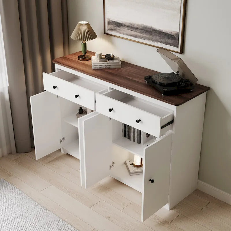 Buffet de rangement moderne avec 2 tiroirs et 4 portes pour salon, salle à manger, cuisine, bar à café, en blanc