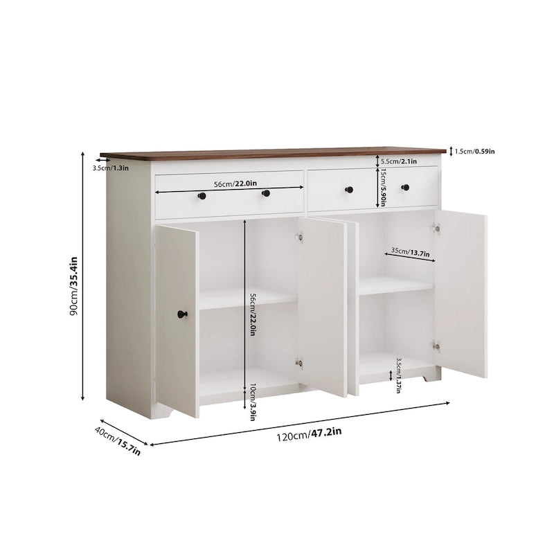 Buffet de rangement moderne avec 2 tiroirs et 4 portes pour salon, salle à manger, cuisine, bar à café, en blanc