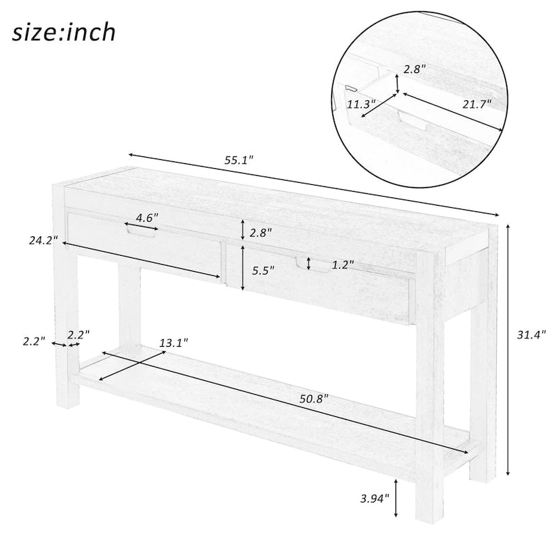 Console d'entrée pour couloir et salon avec 2 tiroirs et 1 étagère