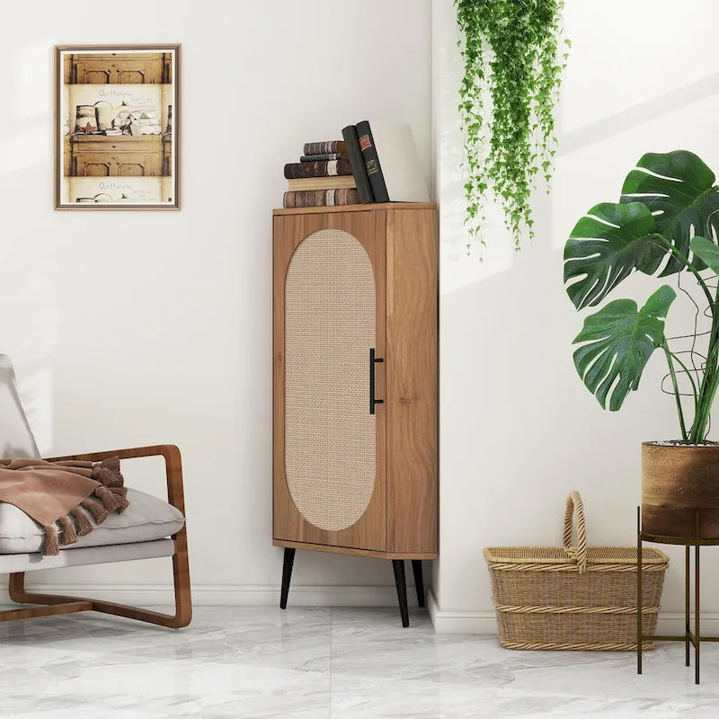 Meuble d'angle, Porte en rotin, Tables d'angle autoportantes pour petits espaces, Étagère d'angle pour salon, cuisine, salle de bain