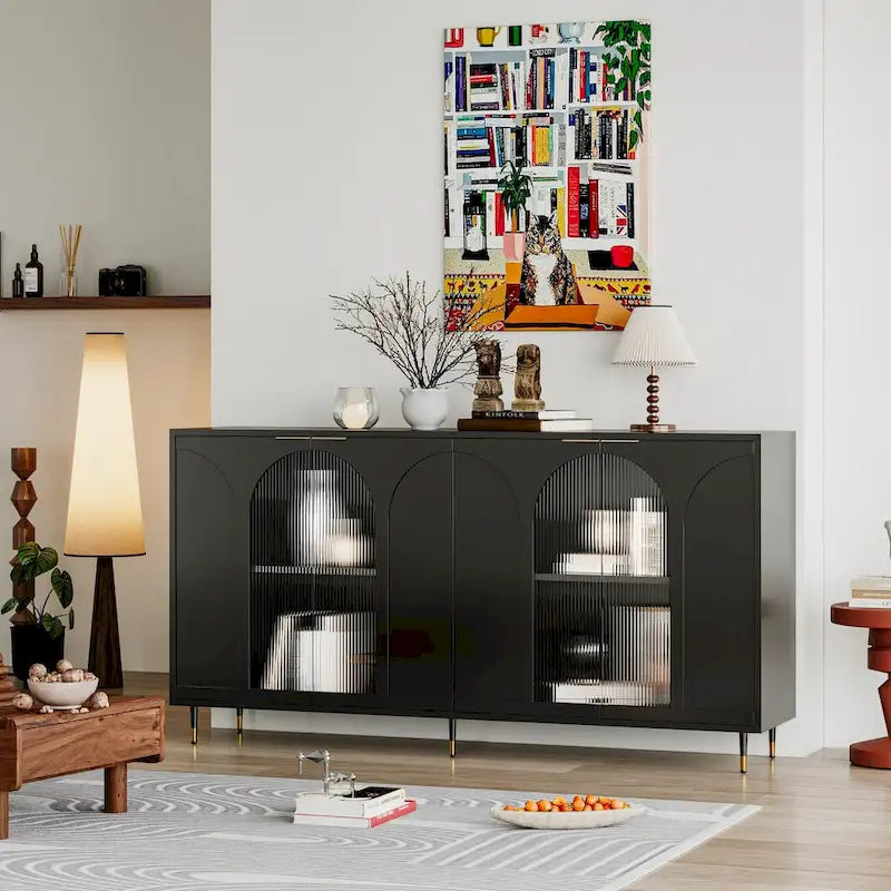 Meuble d'appoint - Buffet en bois laqué avec 4 portes vitrées