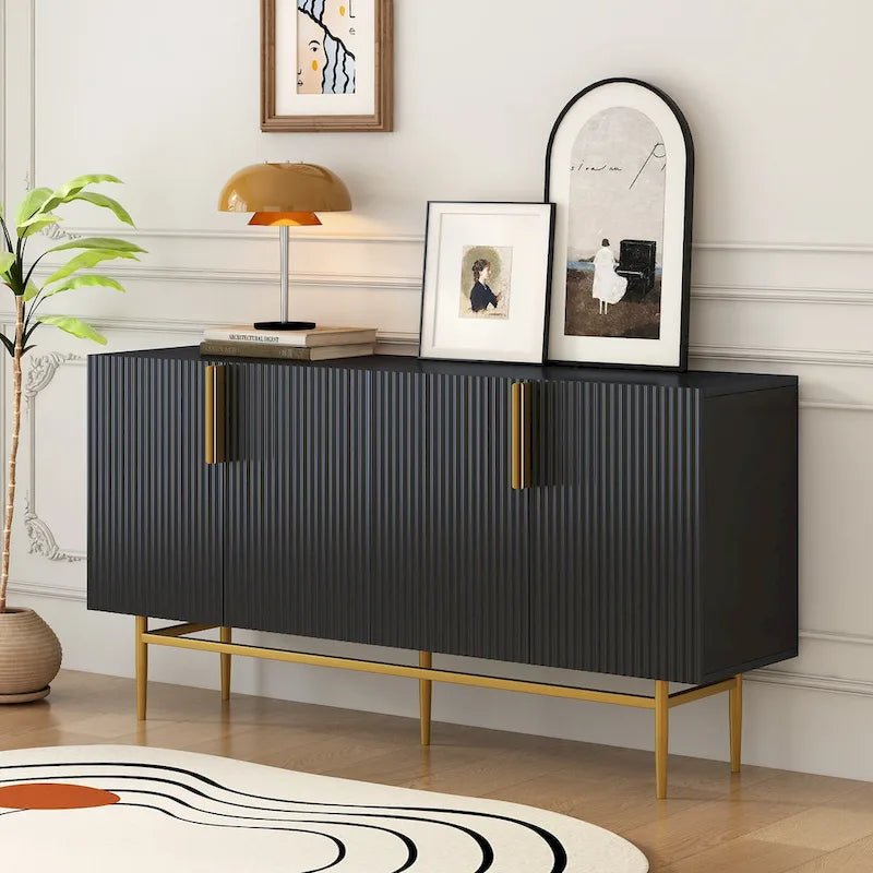 Buffet moderne élégant à 4 portes avec poignées en métal doré pour salle à manger, salon, chambre, couloir